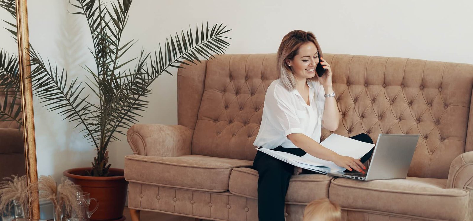 beautiful business woman working home multi tasking freelance motherhood concept 2